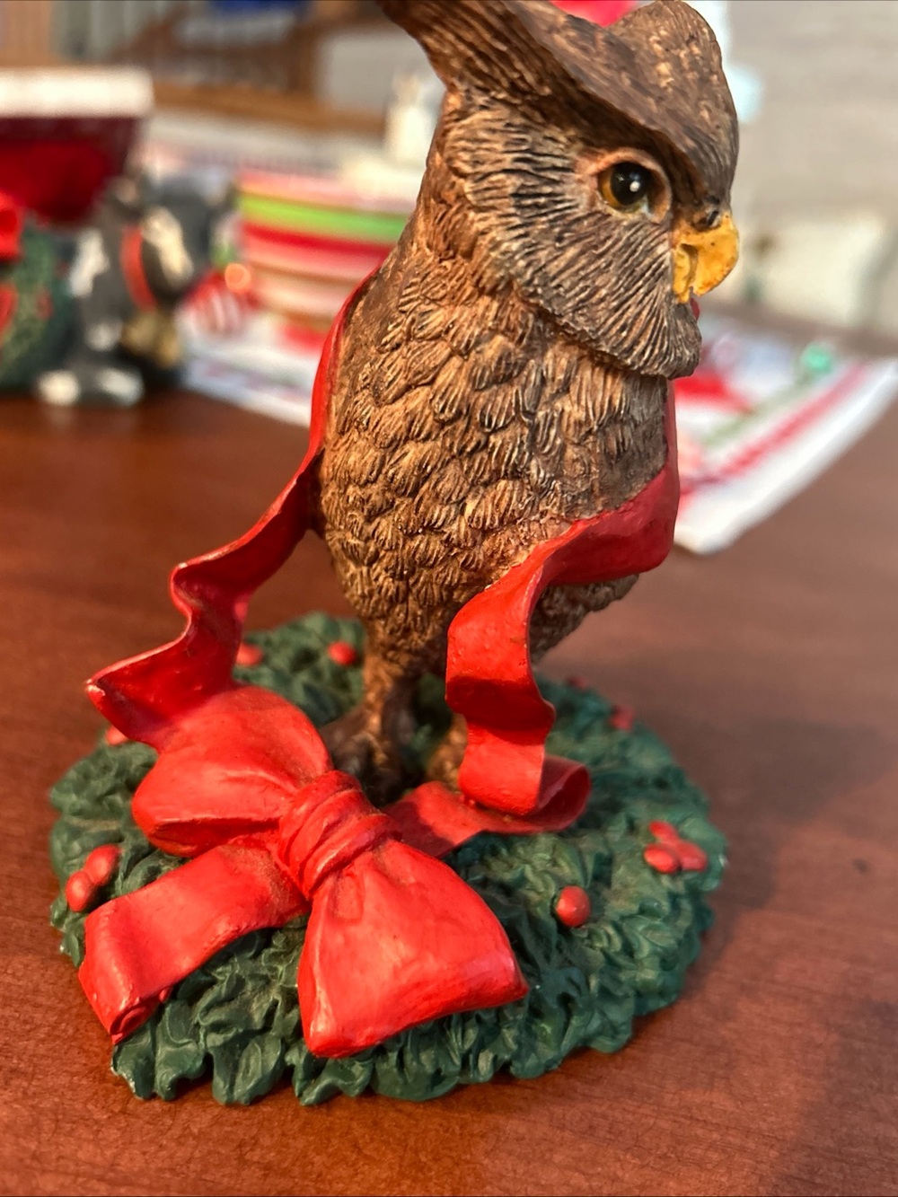 Tom Rubel Silver Deer Owl Figurine with Red Ribbon and Green Wreath Accent
